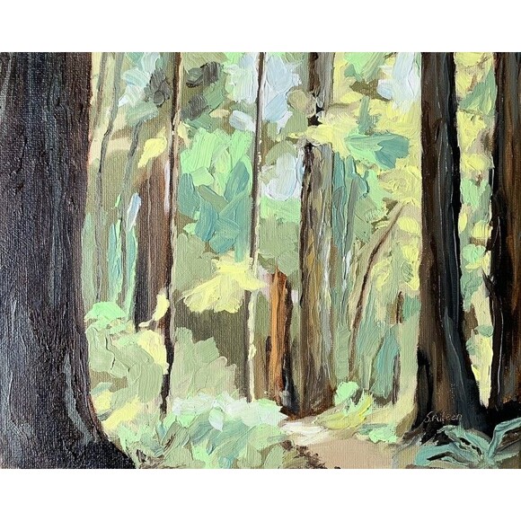 Original Oil Landscape Painting Redwood Forest Trees California Signed 8x10" - Picture 1 of 5